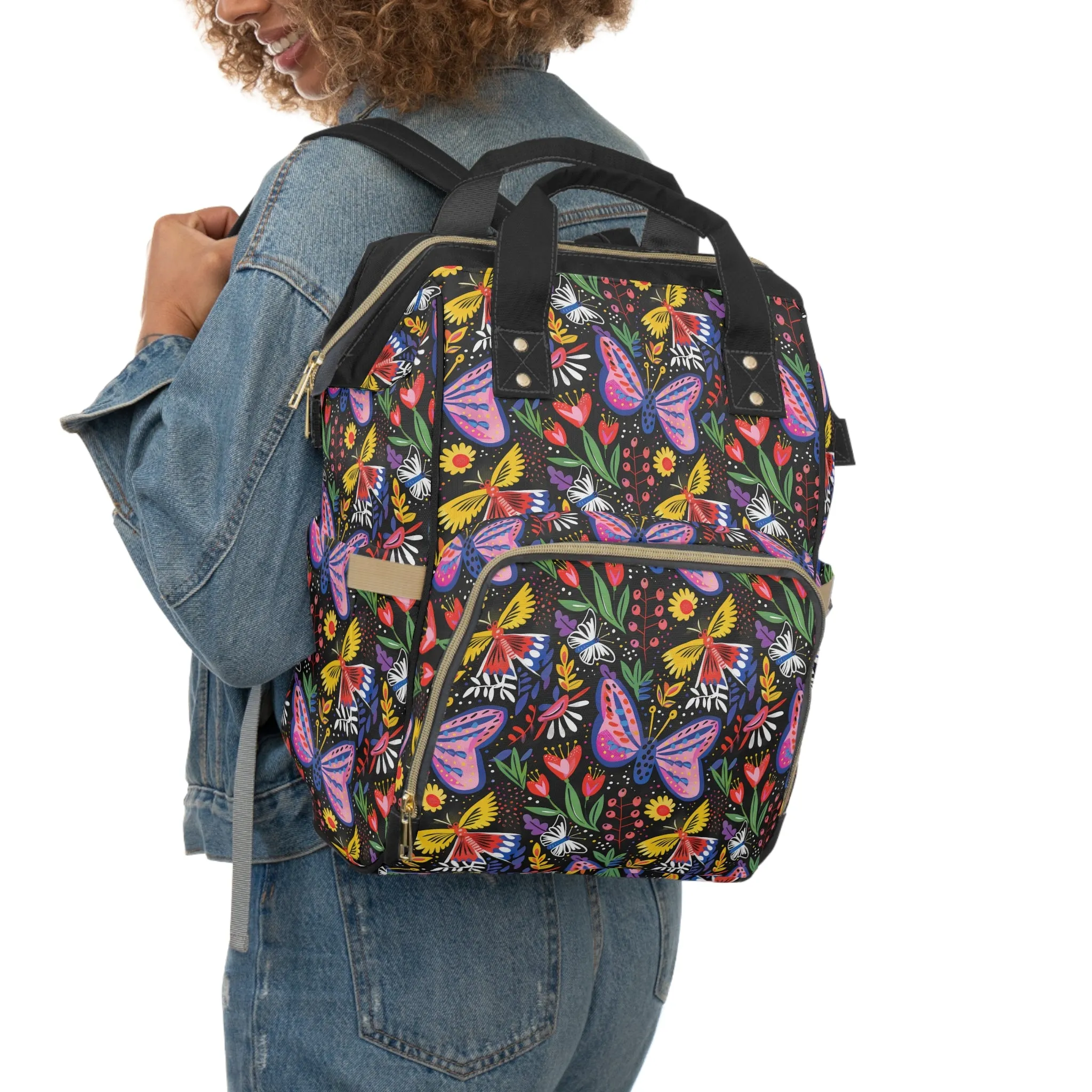 Midnight Whimsy: Hand-drawn Flowers, Butterflies, and Bursting Blooms in a Moonlit Garden Multifunctional Diaper Backpack
