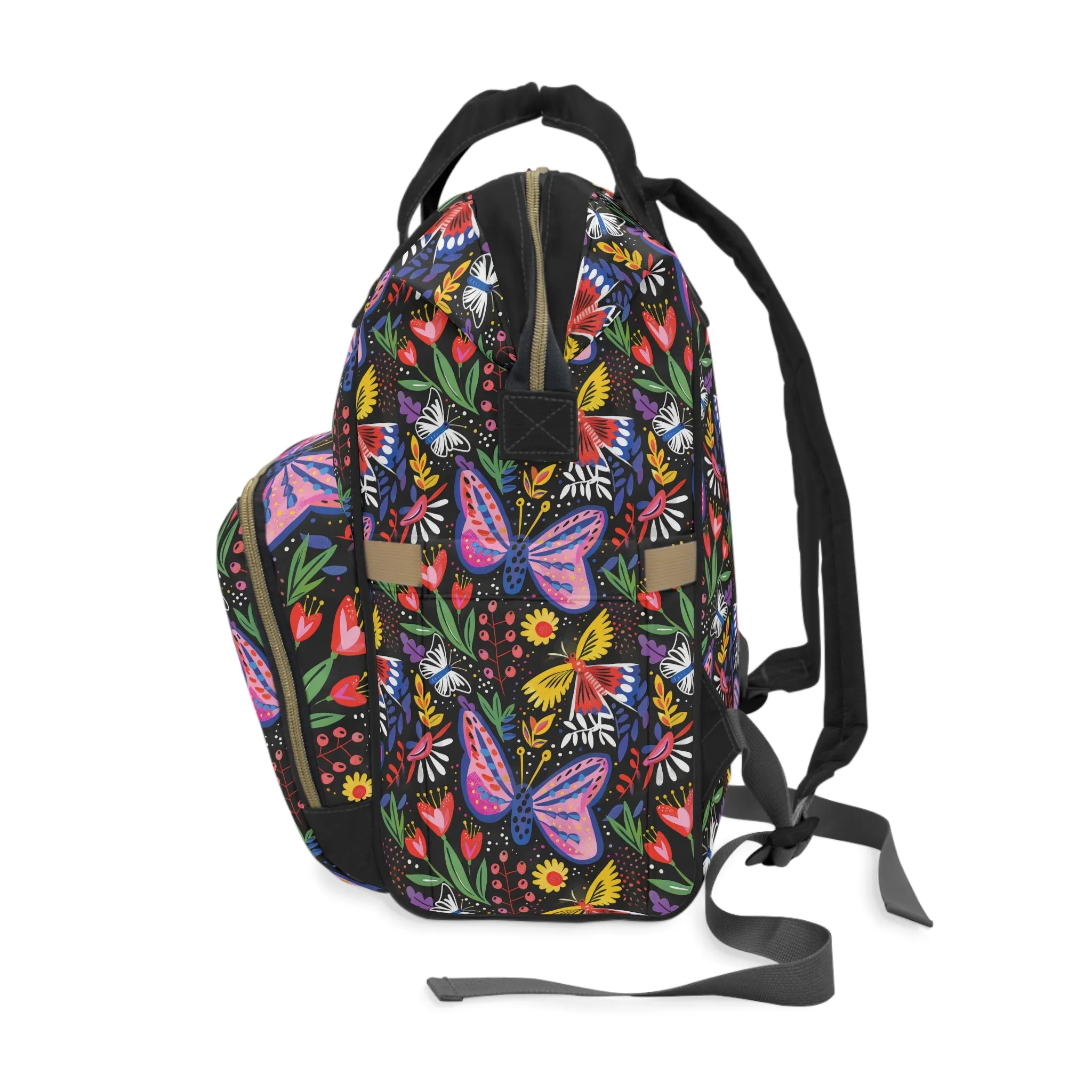 Midnight Whimsy: Hand-drawn Flowers, Butterflies, and Bursting Blooms in a Moonlit Garden Multifunctional Diaper Backpack