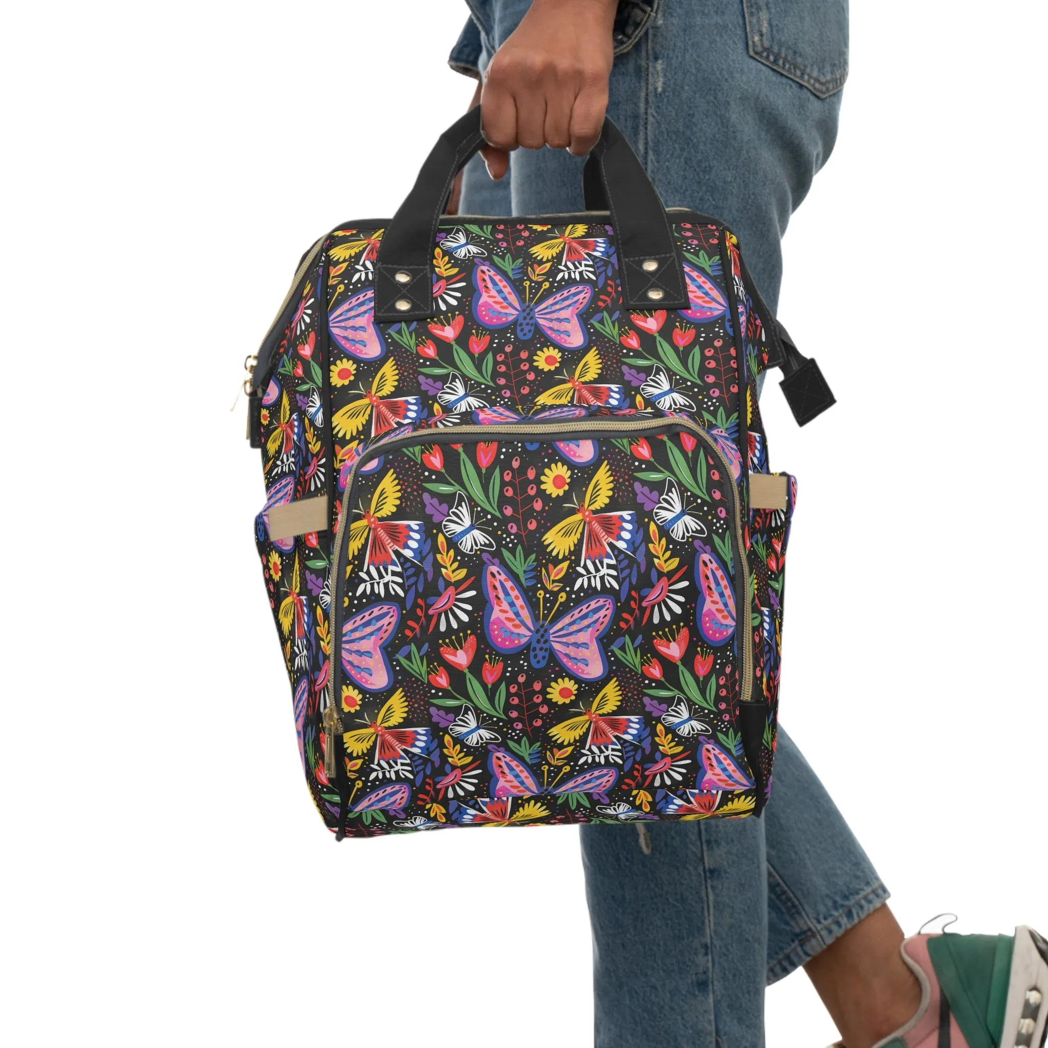 Midnight Whimsy: Hand-drawn Flowers, Butterflies, and Bursting Blooms in a Moonlit Garden Multifunctional Diaper Backpack