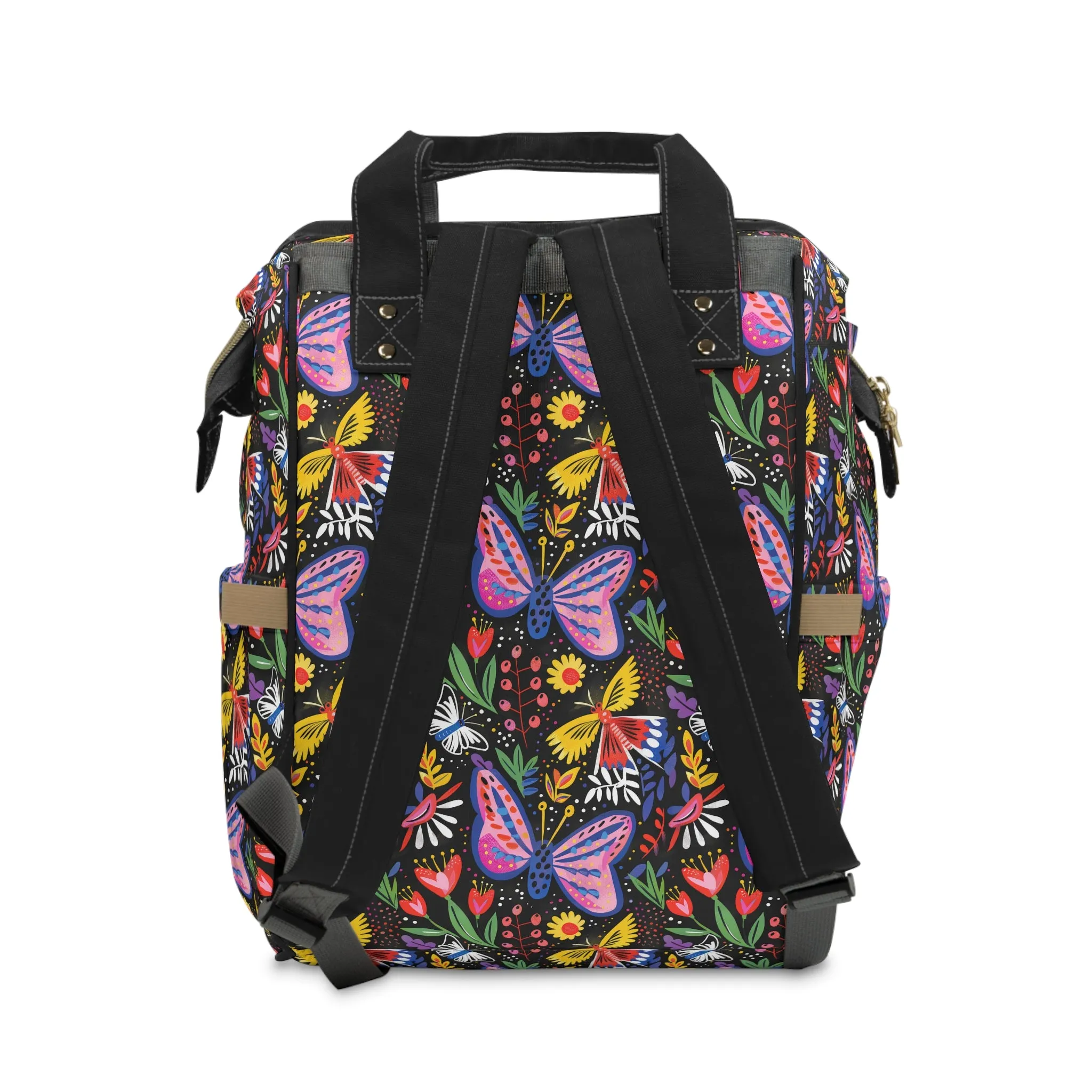 Midnight Whimsy: Hand-drawn Flowers, Butterflies, and Bursting Blooms in a Moonlit Garden Multifunctional Diaper Backpack
