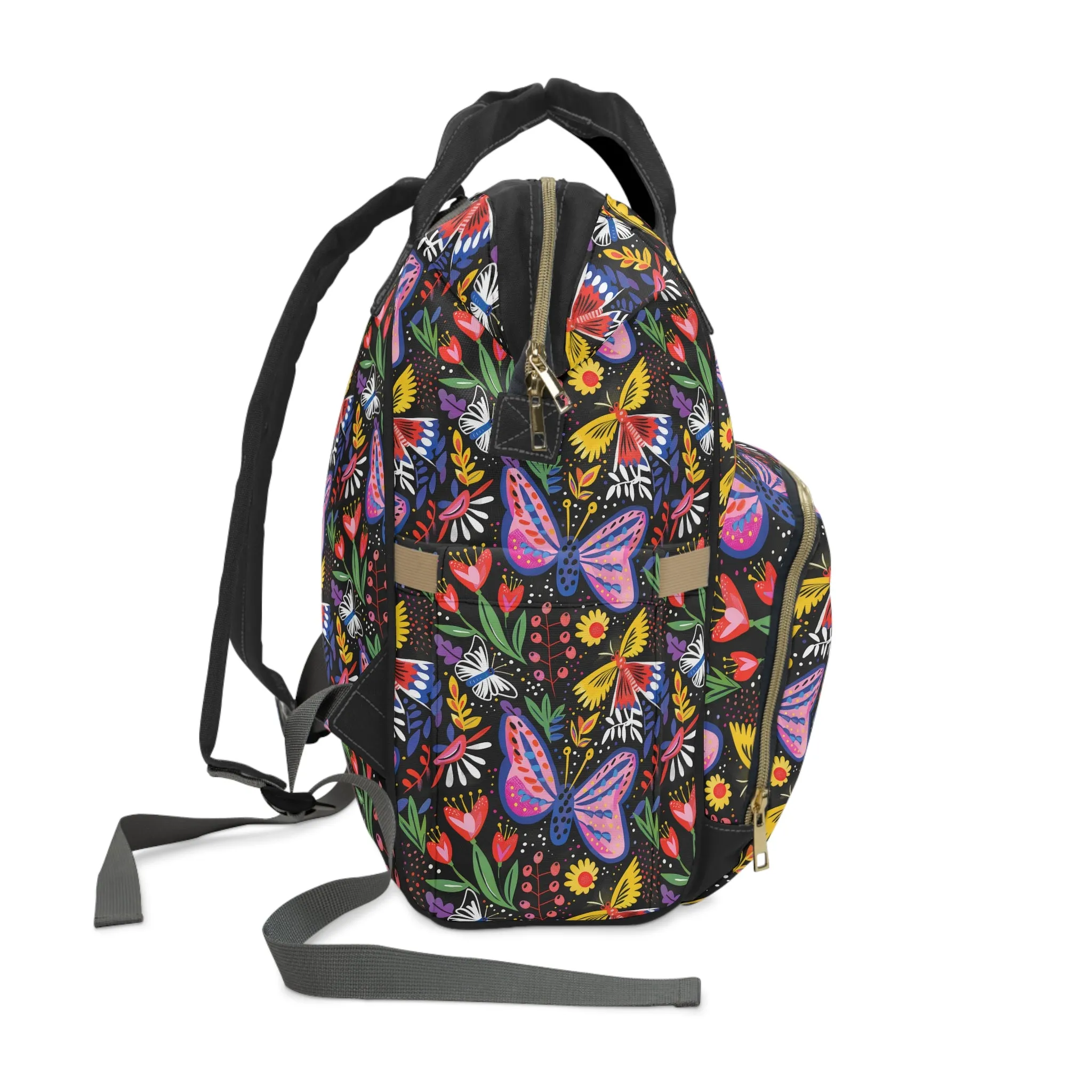 Midnight Whimsy: Hand-drawn Flowers, Butterflies, and Bursting Blooms in a Moonlit Garden Multifunctional Diaper Backpack