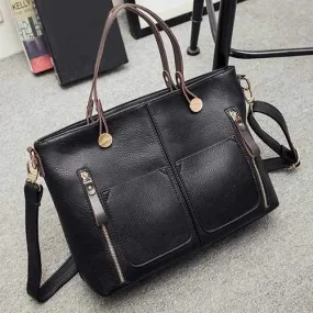 Multi Zips PU Leather Handbag - Black