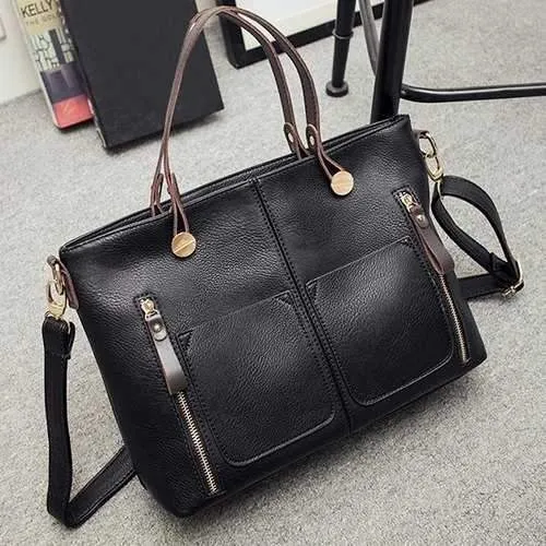 Multi Zips PU Leather Handbag - Black