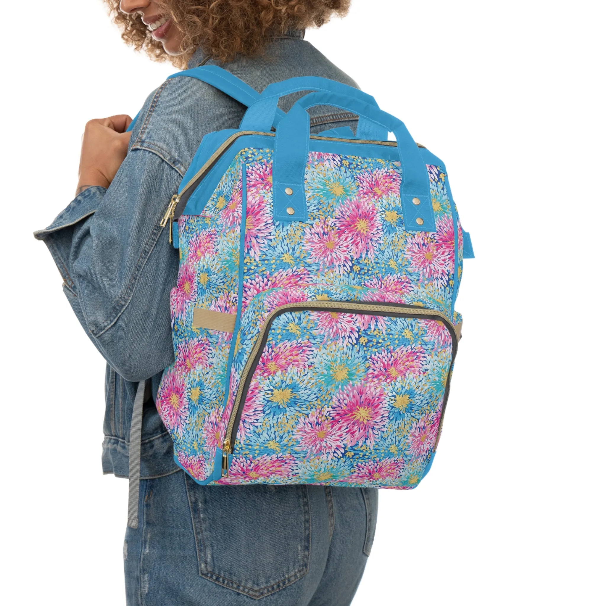 Pastel Harmony: Watercolor Chrysanthemums in Pink, Blue, and Yellow Multifunctional Diaper Backpack