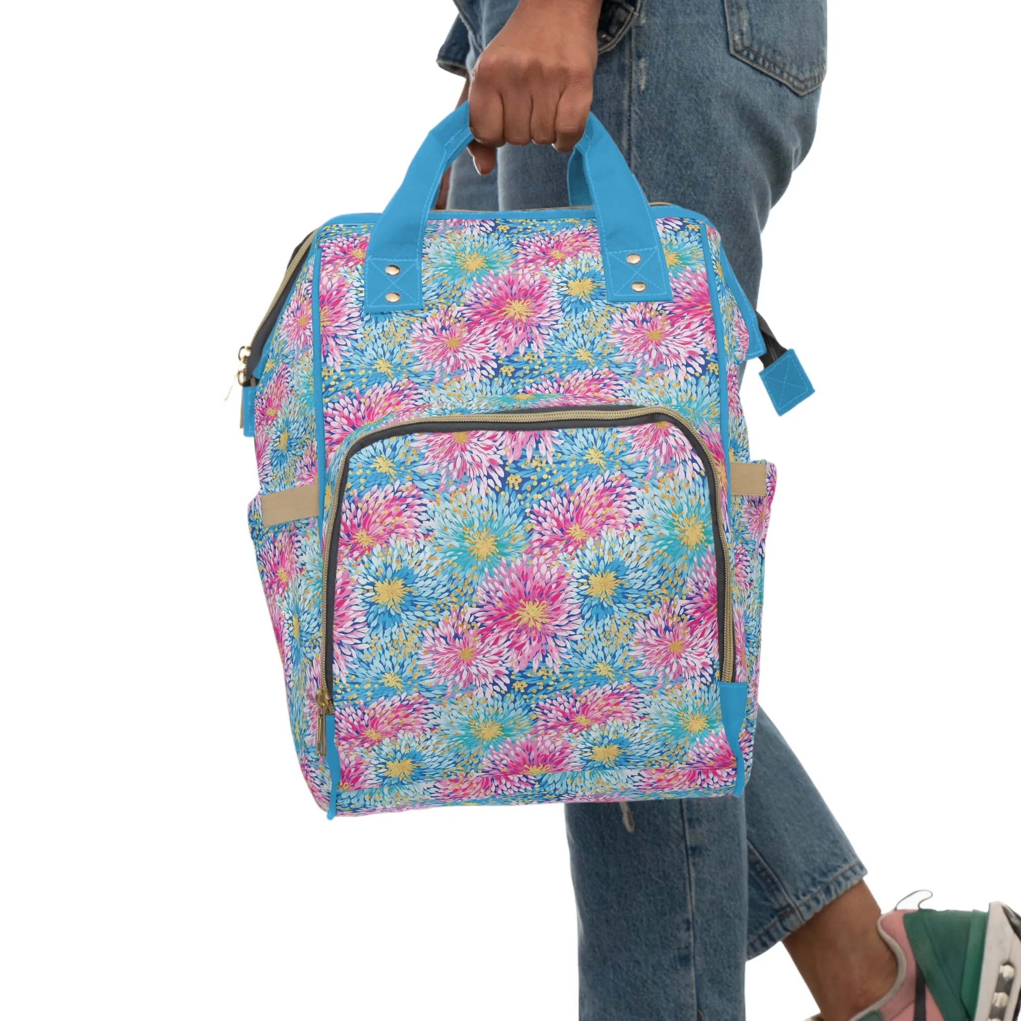 Pastel Harmony: Watercolor Chrysanthemums in Pink, Blue, and Yellow Multifunctional Diaper Backpack