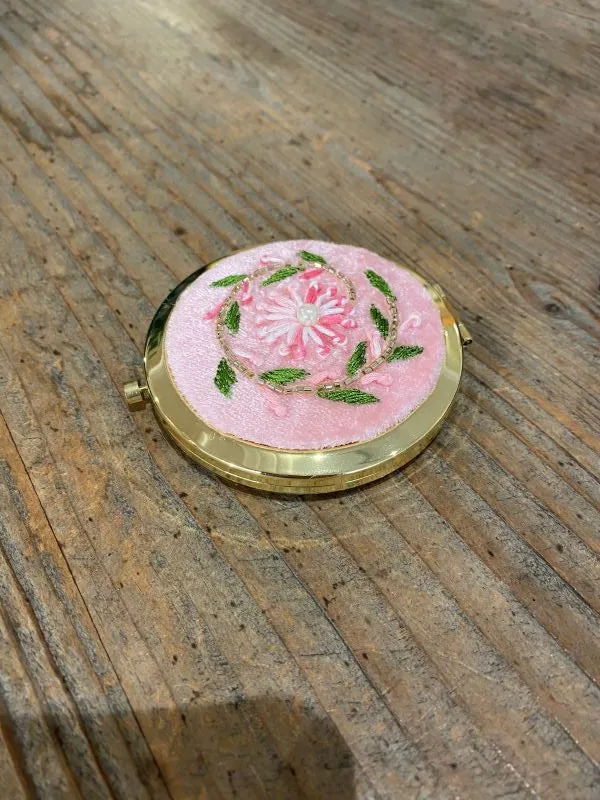 Pink Embroidered Compact Mirror