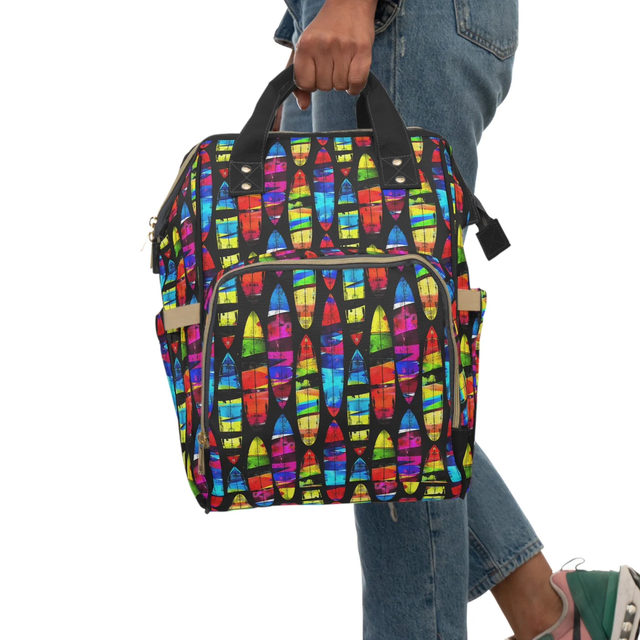 Prismatic Waves: Surfing on Rainbow Dreams Multifunctional Diaper Backpack