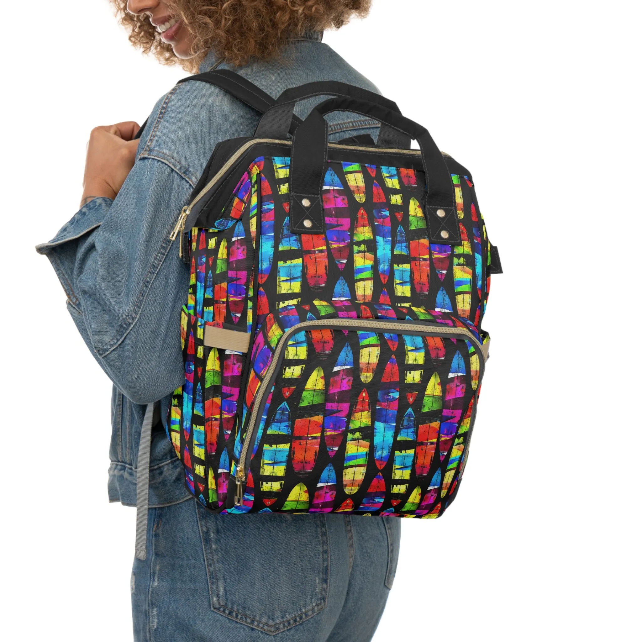 Prismatic Waves: Surfing on Rainbow Dreams Multifunctional Diaper Backpack