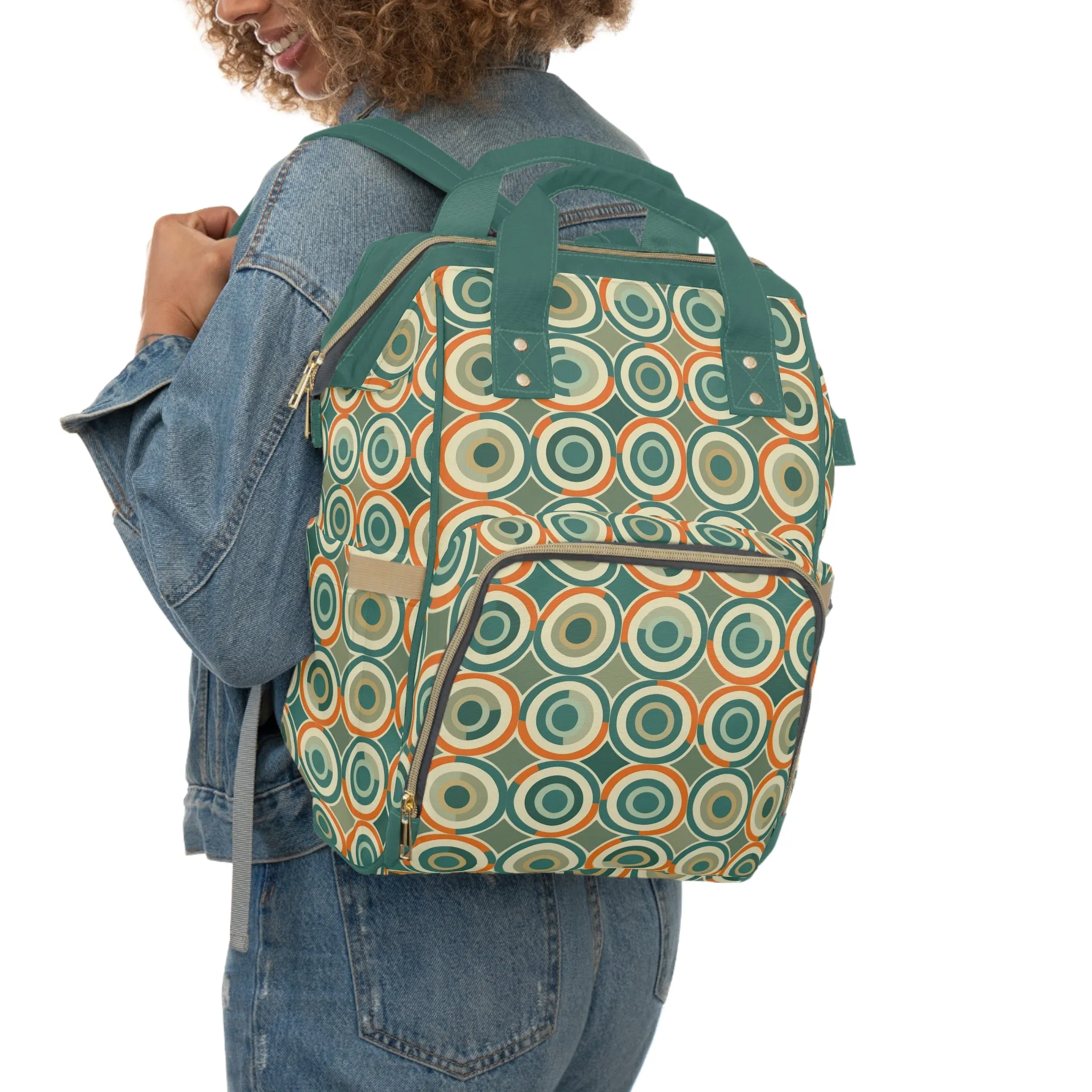 Retro Vintage Circle Pattern in Teal and Orange Multifunctional Diaper Backpack