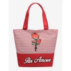 Striped Roses Embroidery Tote Bag - Red