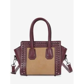 Studs Color Block Handbag - Wine Red