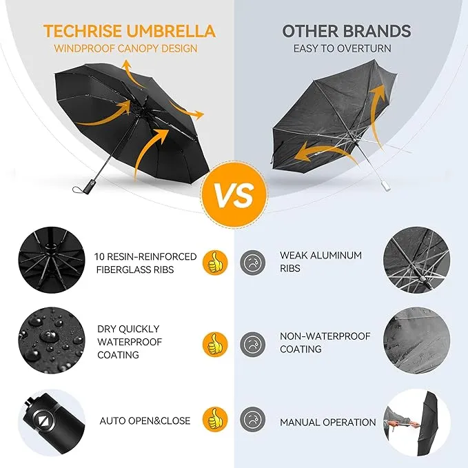 TechRise Umbrella Windproof Travel Umbrella: 10 Ribs Automatic Compact Strong Wind Proof Umbrella, One Button Auto Open Close Wind Resistant Folding Lightweight Portable Umbrella for Men Women