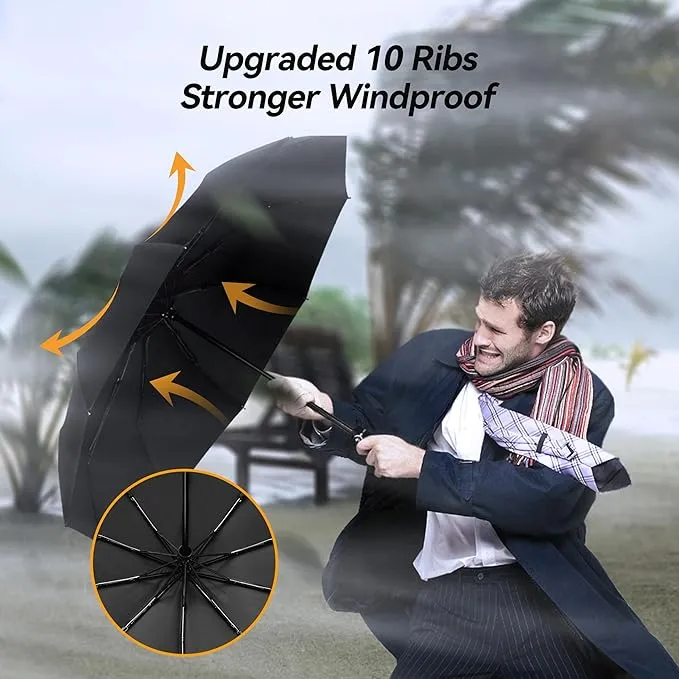 TechRise Umbrella Windproof Travel Umbrella: 10 Ribs Automatic Compact Strong Wind Proof Umbrella, One Button Auto Open Close Wind Resistant Folding Lightweight Portable Umbrella for Men Women