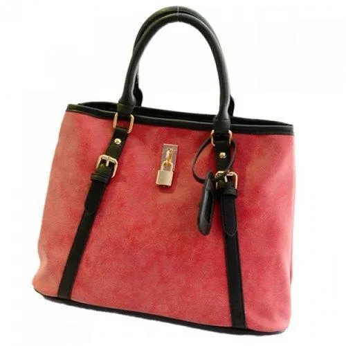 Trendy Buckle and Suede Design Women's Color Block Tote Bag - Watermelon Red